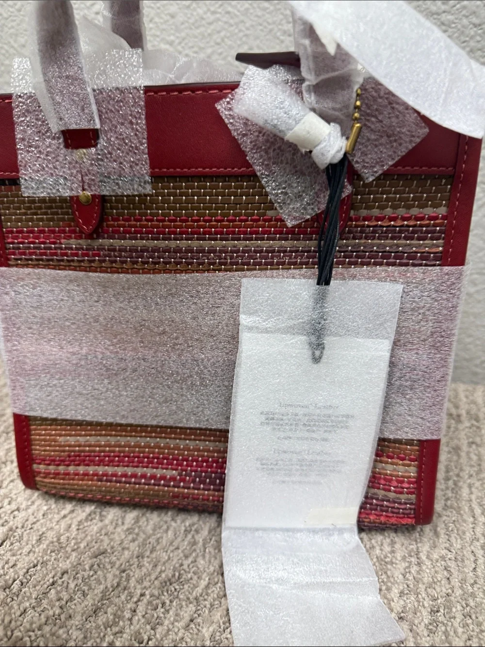 Coach Red Leather-Trim Up-Woven Stripe Tote - Picture 6 of 11